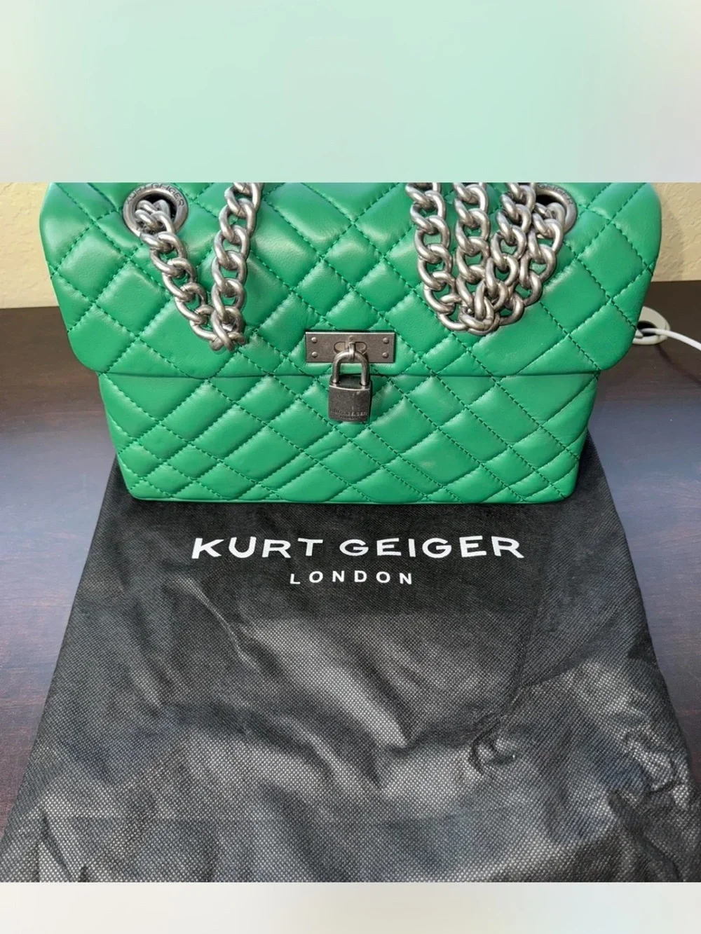 Kurt Geiger Brixton Green Quilted Leather Shoulder Bag Gun Medal Hardware
